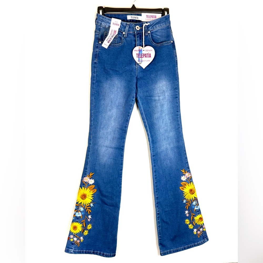 Blue Flare Jeans with Sunflower Embroidery